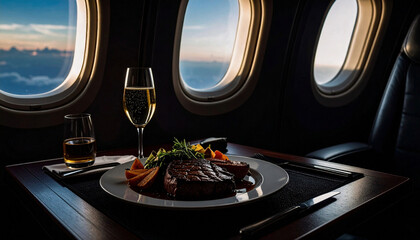 Business class meal with steak and champagne on plane. Luxury airline catering service for passenger during comfortable flight. First class travel concept with food and drink by airplane window
