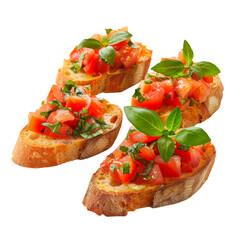 Set of fresh tomato bruschetta slices with basil in realistic food style isolated on transparent background