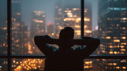 Man looking at city skyline at night contemplation success achievement cityscape view
