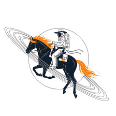 Whimsical illustration of an astronaut cowboy riding a majestic horse across a celestial backdrop, featuring abstract planetary rings and cosmic energy © Bejo