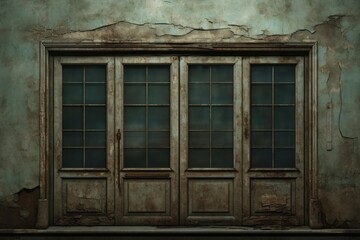 Fototapeta premium Decaying wooden doors set in a cracked wall, showing distressed surfaces and broken paint