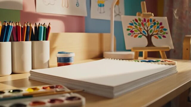 A close-up view of a wooden desk filled with various art supplies, including a sketchbook, watercolor palette, colored pencils, and a colorful tree painting on an easel.