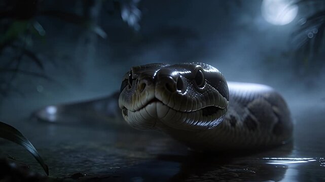 Giant Anaconda Snake Slithering Through Dark Jungle Waters Under Full Moon.