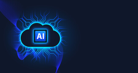 Futuristic AI cloud icon with glowing neural circuit lines on a dark background, representing artificial intelligence, machine learning, data processing, and digital technology.