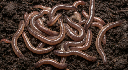 Fototapeta premium A close-up view presents a cluster of segmented, pinkish-brown invertebrates amidst rich, dark earth. Their bodies are elongated and rounded