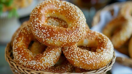 A close up of sesame seed bagels stacked in a wicker basket on a blurred background indoors