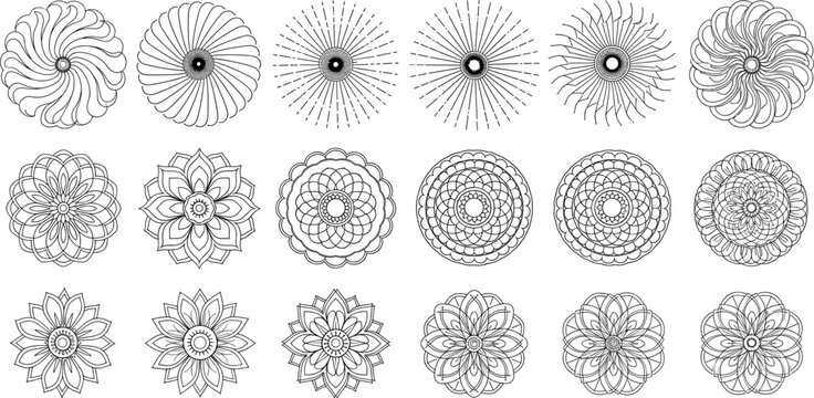 Abstract floral mandala vector set with circular geometric line art rosettes for decorative patterns, branding, backgrounds, and creative design projects