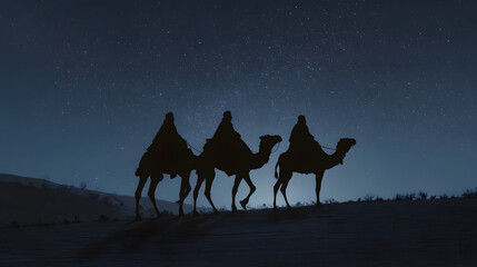 Silhouetted Camels Crossing Dunes Under Starry Night Sky. Representing Epiphany, Dia de los Reyes, Three Kings Day. Melchior, Caspar and Balthazar