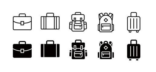 Baggage icon set for travel and business trips (solid and line), simple icons with editable strokes