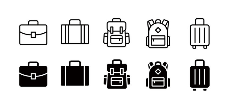 Baggage icon set for travel and business trips (solid and line), simple icons with editable strokes