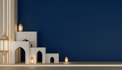 Elegant modular Islamic display stage with arched architecture and glowing Fanous lanterns, perfect for advertising banners, festive greetings, product promotions, and presentations