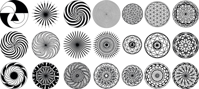 Abstract geometric circular mandala vector set with hypnotic spiral line art shapes for modern decorative, branding, and creative design use