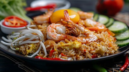 A plate of shrimp fried rice with egg yolk and vegetable garnish on a dark surface close up view