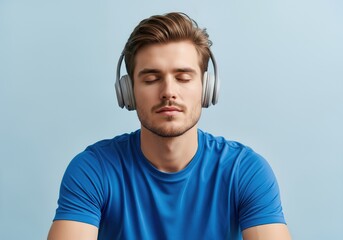Young Man Relaxing with Wireless Headphones on Soft Blue Background