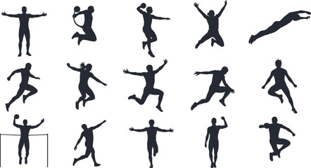 Sports Athlete Silhouette Vector Set Featuring Jumping, Running, Swimming, Handball Players, Athletic Poses, Fitness Training, Competition Figures, and Active Lifestyle Elements