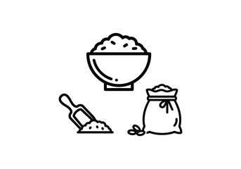 Vector Ilustration Concept Minimalist line art icon set of rice in a bowl, a sack of grain, and a scoop with flour.
