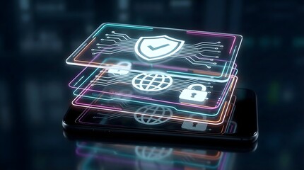 Smartphone displaying multiple layers of holographic digital security shields,locks and globe icons,representing mobile data protection,cyber safety,network privacy,firewall