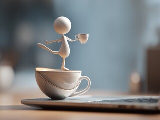 Abstract 3D white figure balancing on the rim of a coffee cup placed on a laptop. Concept of work-life balance, energy, business multitasking, and office humor