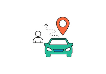 Vector Ilustration Concept Minimalist line art icon of a ride-sharing service with a car, passenger, and GPS map pin.