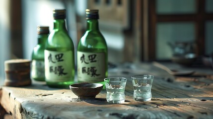 A rustic still life featuring soju bottles and glasses on a weathered wooden surface in soft lighting