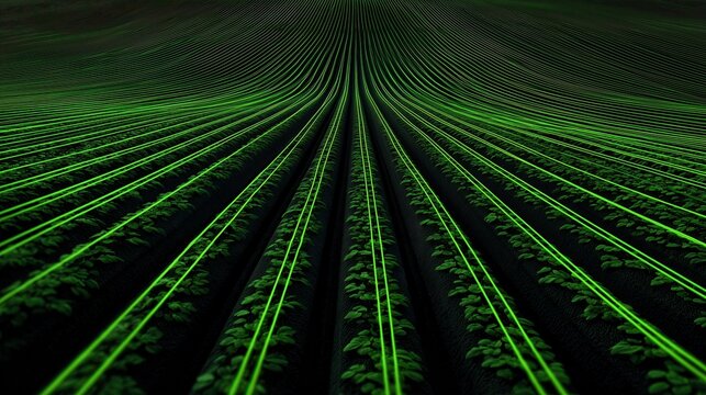 Futuristic smart farming concept with rows of crops illuminated by neon green lines. Digital agriculture technology, data analysis, and innovation background