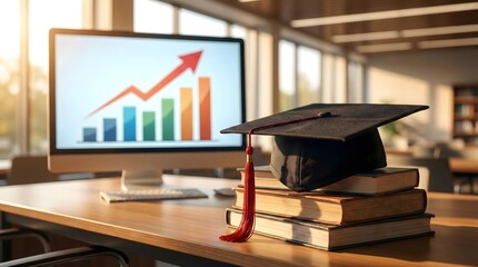 Graduation cap and books on desk with computer screen showing upward growth graph,symbolizing education roi,career advancement,student loan payoff and academic success in the job market.