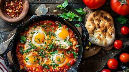 Overhead view of shakshuka in a cast iron pan with bread and tomatoes on a wooden surface styled food