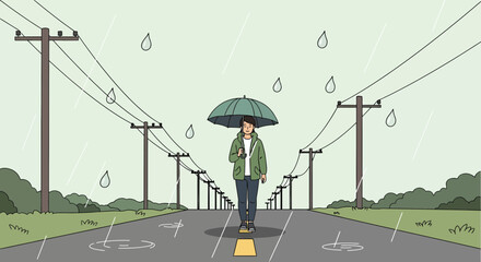Person with Umbrella Walking on Road in Rain Illustration.