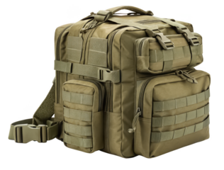 Tactical backpack with multiple pockets and straps in olive green color