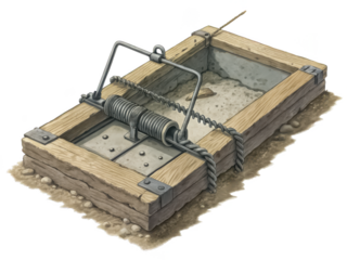 Detailed wooden mouse trap with metal components on dirt