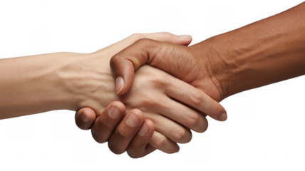 Interlocked hands of two individuals with different skin tones isolated on a transparent background