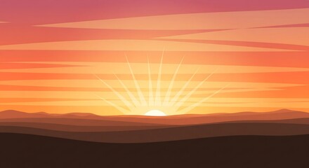 Pixel Art Sunrise Over Rolling Hills Warm Orange Sky Radiant Sunburst Light
