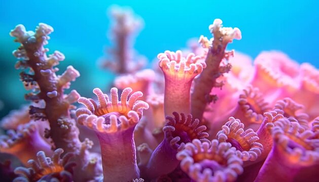 Close up of vibrant underwater coral polyps gently swaying in ocean currents, macro view coral, reef.