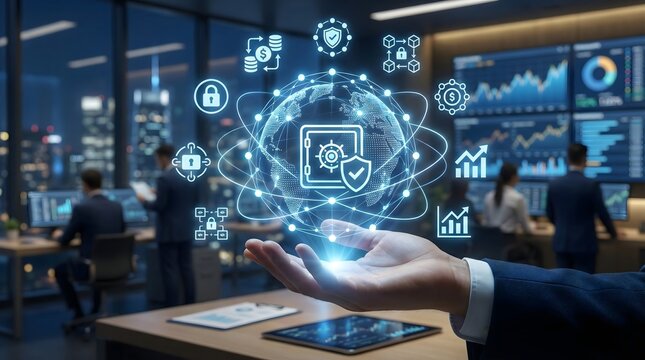 Hand holding holographic globe with digital safe lock,cybersecurity network protection shield,global data privacy concept,financial banking safety,blockchain tech,internet firewall,safe. - Powered by Adobe