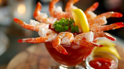 A shrimp cocktail presentation with lemon wedge and parsley in a glass with cocktail sauce nearby