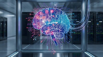 Digital glowing brain graphic with circuit lines floating inside glass server room case,representing artificial intelligence,machine learning,neural networks,big data processing technology.