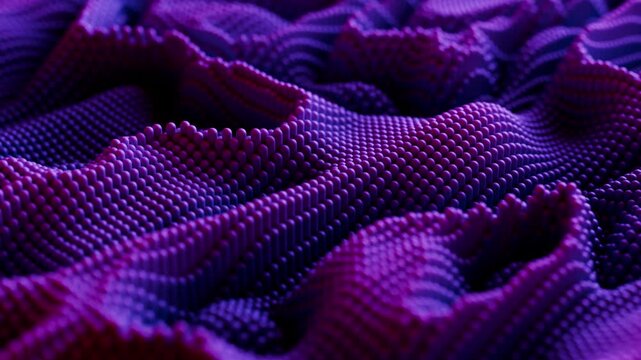 Seamless loop background with flowing purple blue field made of smooth waves of rounded particles. Abstract terrain with morphing surface and soft violet lighting. Motion graphics, 3D render, 4K 60fps