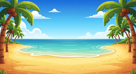 Pixel Art Tropical Beach Paradise with Palm Trees and Calm Blue Ocean Under a Cloudy Sky