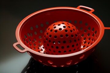 Red plastic kitchen colander containing a matching perforated sphere on a black surface