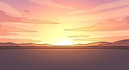 Pixelated Sunset Over Calm Water Horizon With Orange Pink Sky Clouds