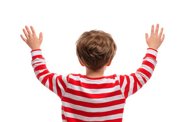 Young boy raising his hands high above his head, view from behind, isolated on a transparent background.