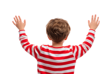 Young boy raising his hands high above his head, view from behind, isolated on a transparent background.