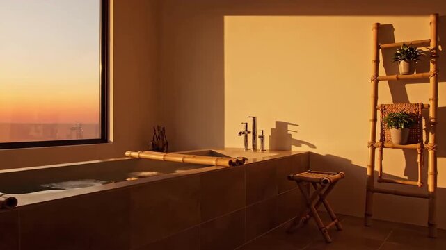 Aesthetic Serene Japanese Style Bathroom With Bathtub And Sunset View Minimalist Interior Design