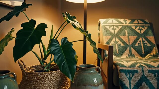 Aesthetic Room Interior with Modern Plant and Cozy Chair with Blanket for Home Decor