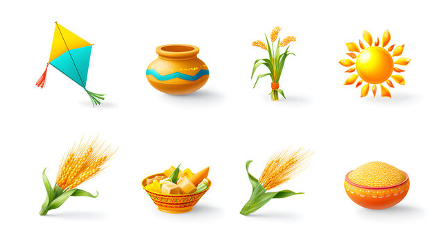 Family of festive harvest icons including kite vase corn sun rice and grain Isolated on White Background. Makar Sankranti. Pongal. Hindu. Tamil Nadu.