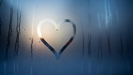 Heart Shape Drawn on a Foggy Window with Condensation and Water Droplets in Cold Blue Light Valentines day
