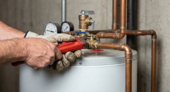 Plumber repairing hot water heater pipes in basement with wrench, ensuring home comfort and efficiency