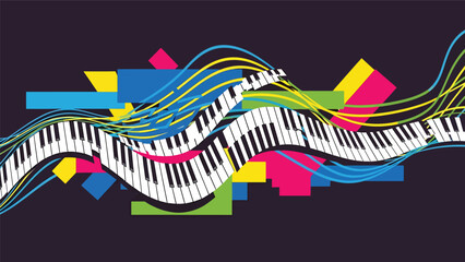 Urban music mural vector illustration combining abstract piano keys, flowing lines, and geometric street art patterns, flat design ideal for modern music posters and wallpapers © meeblues