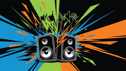 Urban graffiti-inspired mural vector illustration featuring abstract speakers, vibrating sound energy, and dynamic motion lines, flat design ideal for music wallpapers, posters, and digital creative