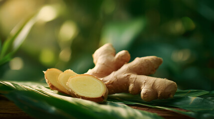 fresh ginger root with sliced pieces on tropical green leaves, organic spice ingredient, aromatic herbal plant for cooking, tea, ayurveda and natural remedies, healthy food concept on natural 